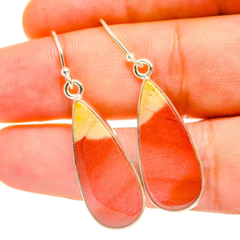 Mookaite teardrop earrings with red-orange marbled stone and silver hoop hooks