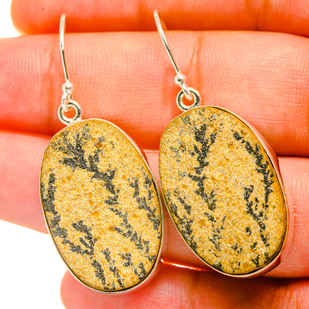 Oval dendrite earrings in yellow with black veining, silver fishhook findings