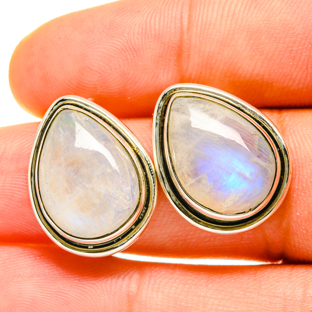 Rainbow moonstone earrings in 925 sterling silver, teardrop bezel with iridescent opal.