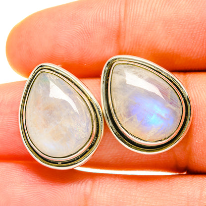 Rainbow moonstone earrings in 925 sterling silver, teardrop bezel with iridescent opal.