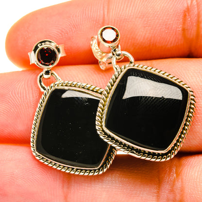 Black onyx drop earrings with square settings and small top studs, 925 sterling silver