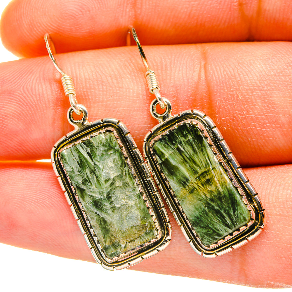 Seraphinite gemstone drop earrings with rectangular green stones in silver frames