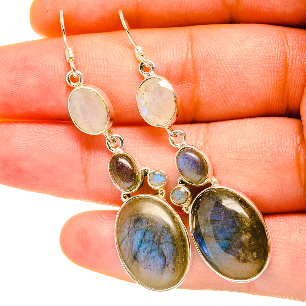 Labradorite and rainbow moonstone dangle earrings in 925 sterling silver, oval stones