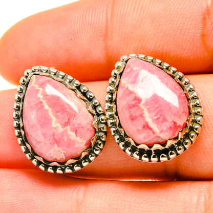 Pink rhodochrosite teardrop earrings with scalloped 925 sterling silver bezel.