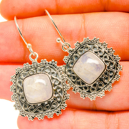 Rainbow moonstone drop earrings, sterling silver with round iridescent stones, ornate frames