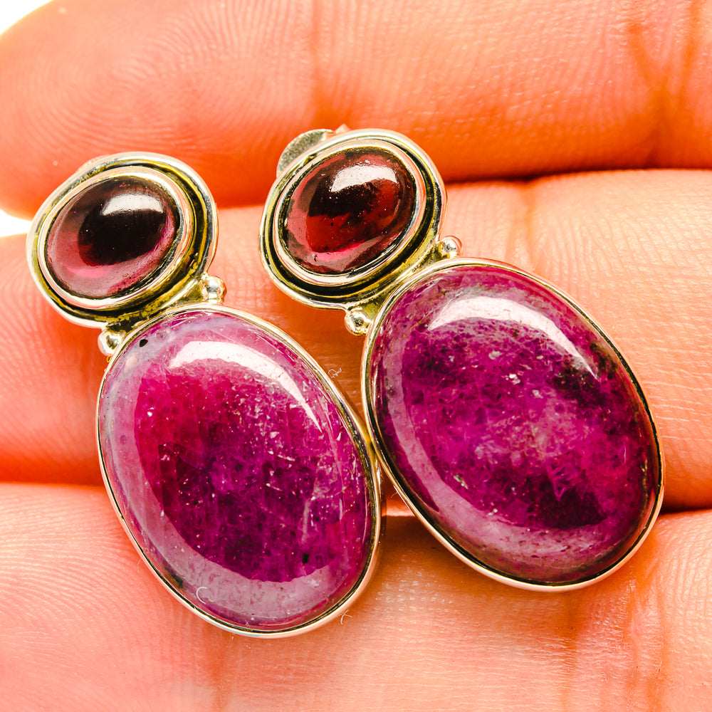 Ruby fuchsite and amethyst drop earrings with oval stones in 925 sterling silver