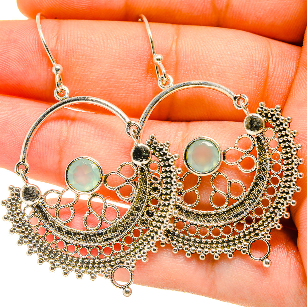 Aqua chalcedony earrings with round green gemstone, ornate silver hoop and dangling beaded fringe