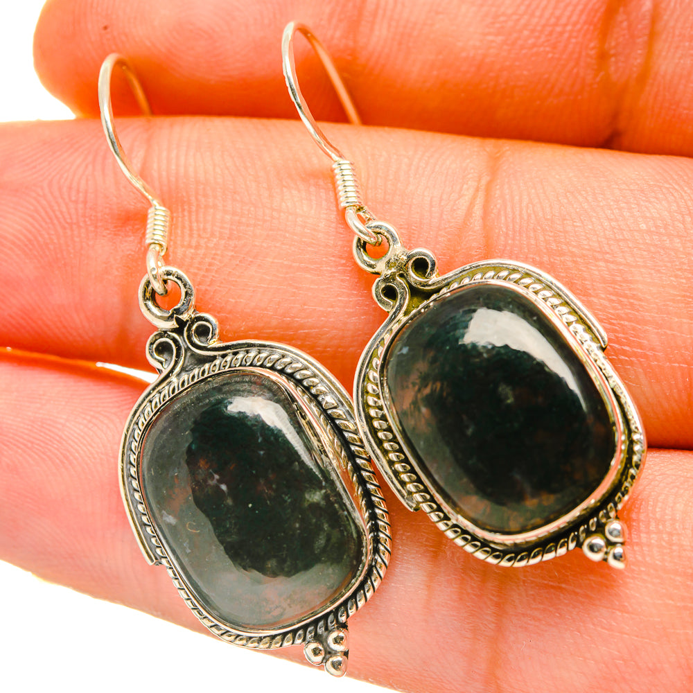 925 sterling silver green moss agate oval earrings with ornate border and hooks