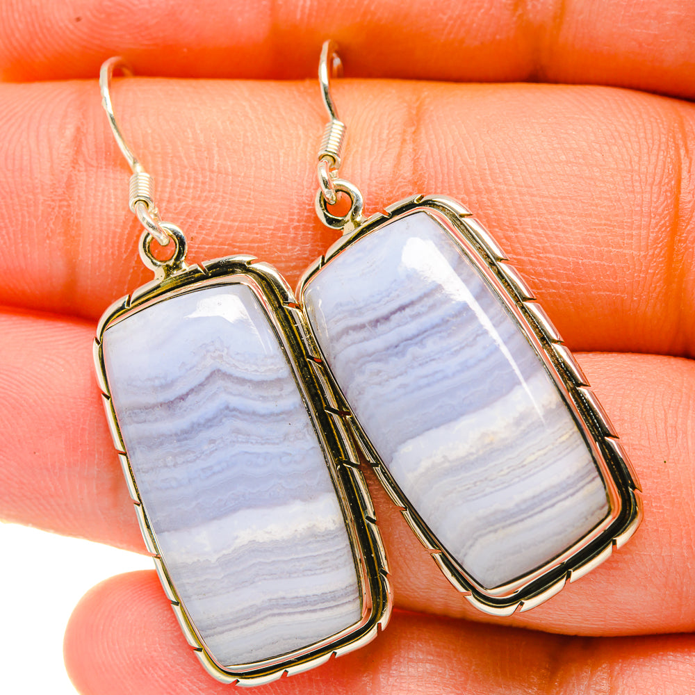 Sterling silver lace agate rectangle earrings, blue and white banding, bezel setting