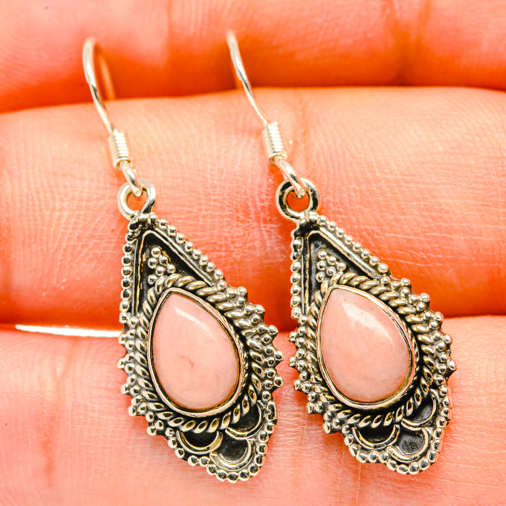 Pink opal teardrop earrings with scalloped border and hook backs, 925 sterling silver