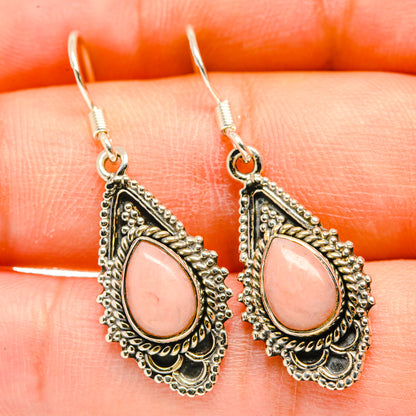 Pink opal teardrop earrings with scalloped border and hook backs, 925 sterling silver