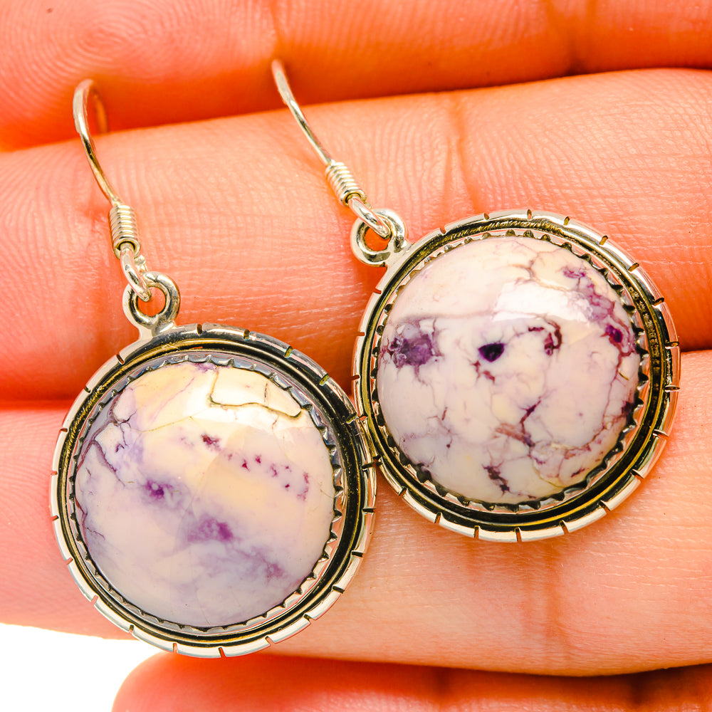 Round stone drop earrings with gold-tone hooks and white-purple marble cabochon pair