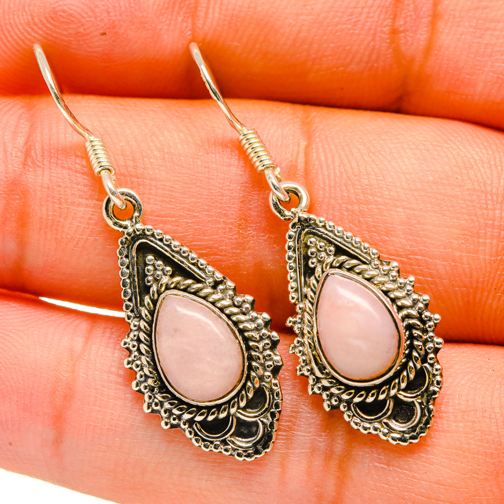 Pink opal drop earrings, 925 sterling silver with ornate scalloped bezel and hooks
