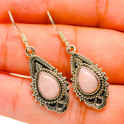 Pink opal drop earrings, 925 sterling silver with ornate scalloped bezel and hooks
