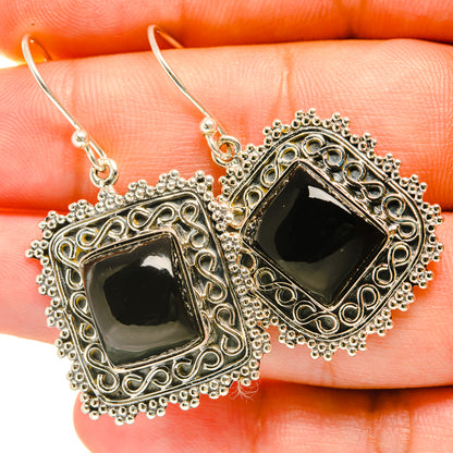 Gold-tone filigree square black onyx drop earrings with ornate beaded border