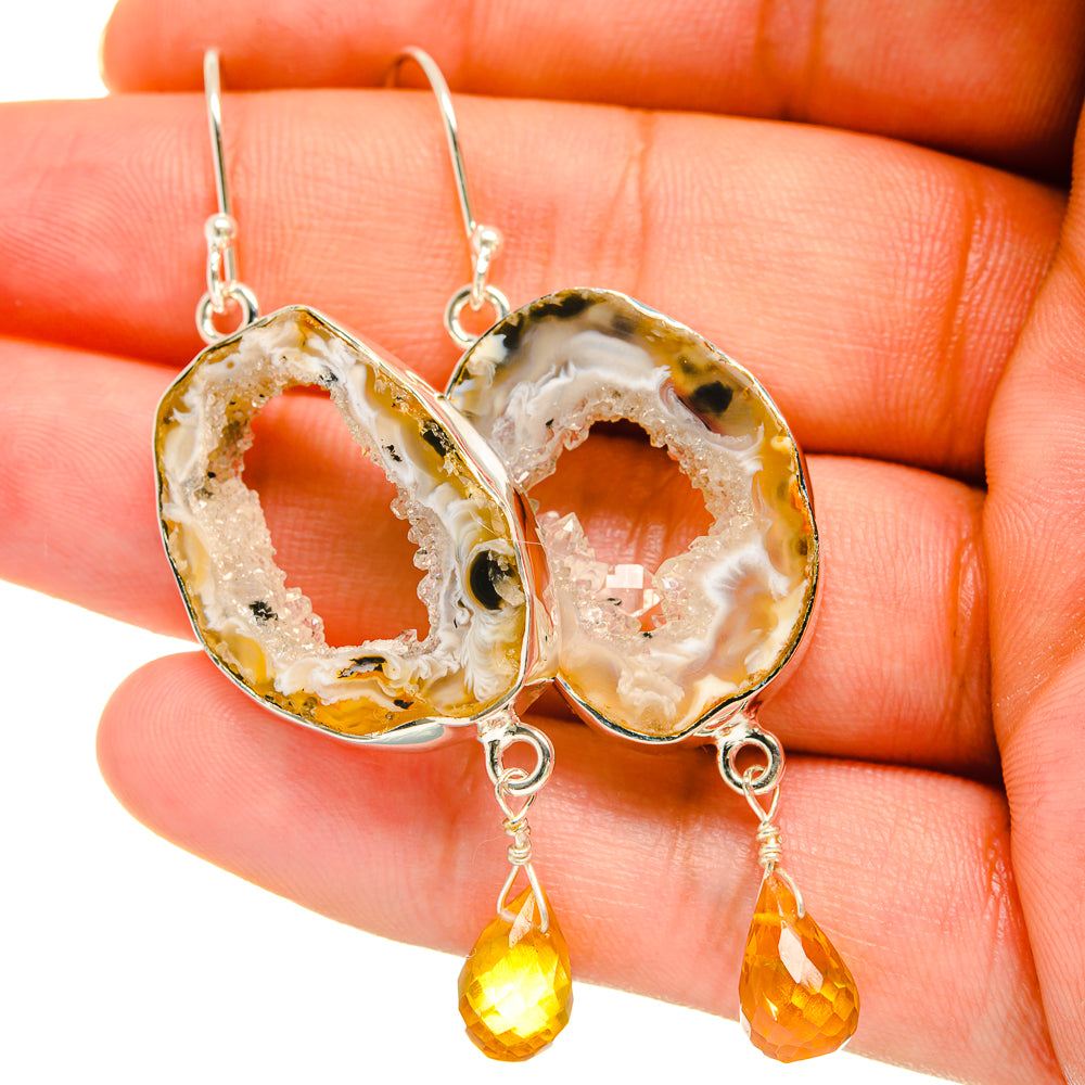 Sterling silver citrine geode druzy earrings with faceted oval stone and drop charm