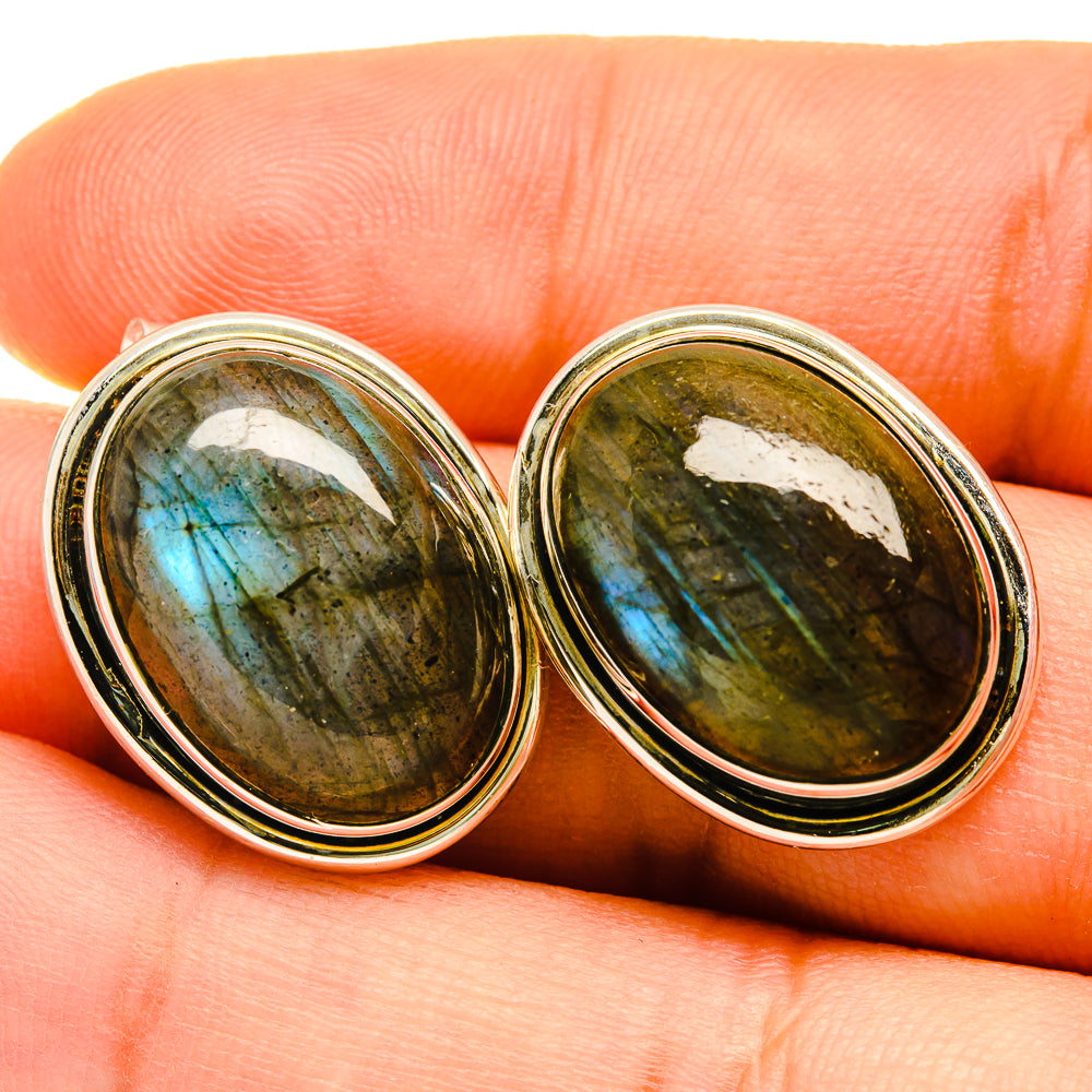 Labradorite stud earrings with oval green-blue flash cabochons in 925 sterling silver