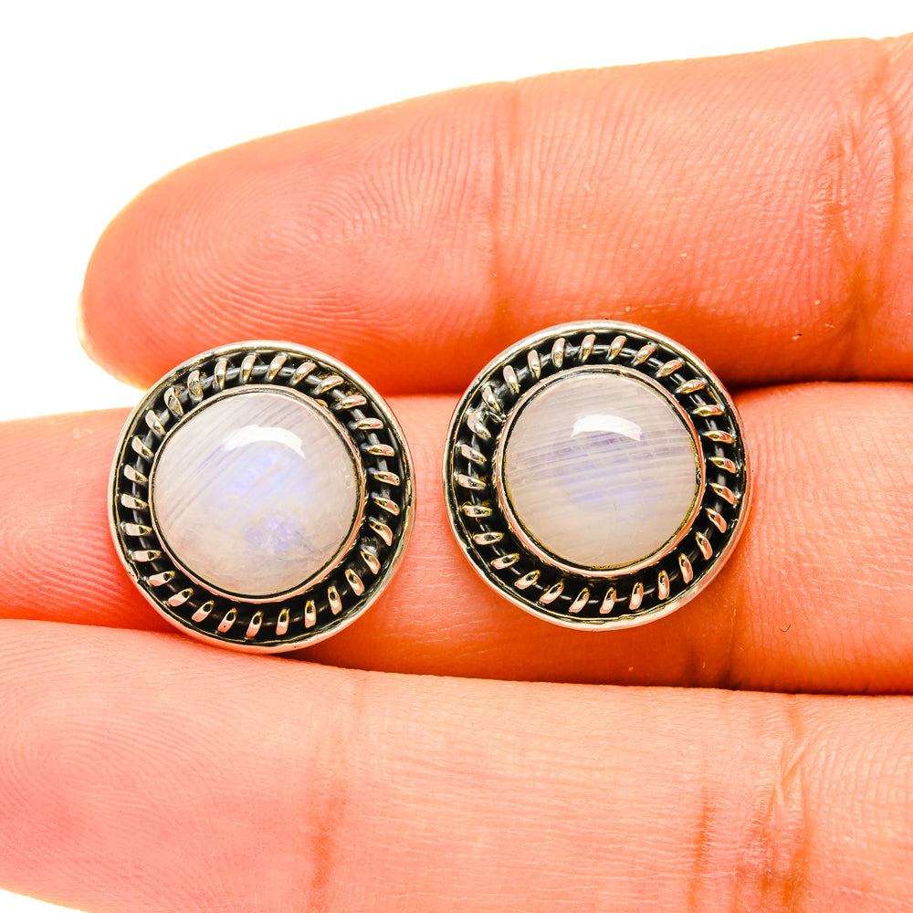 Sterling silver moonstone earrings, round opalescent cabochons with beaded halo