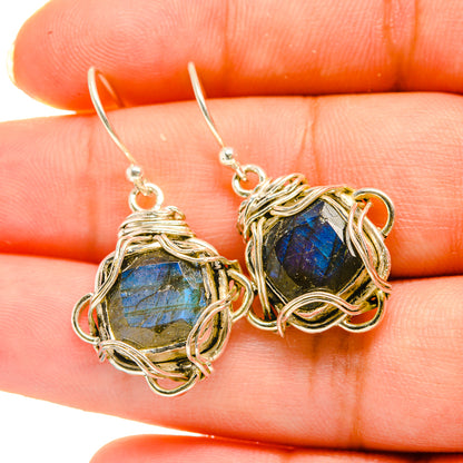 Wire-wrapped labradorite drop earrings, 925 sterling silver, ornate loops on oval stones