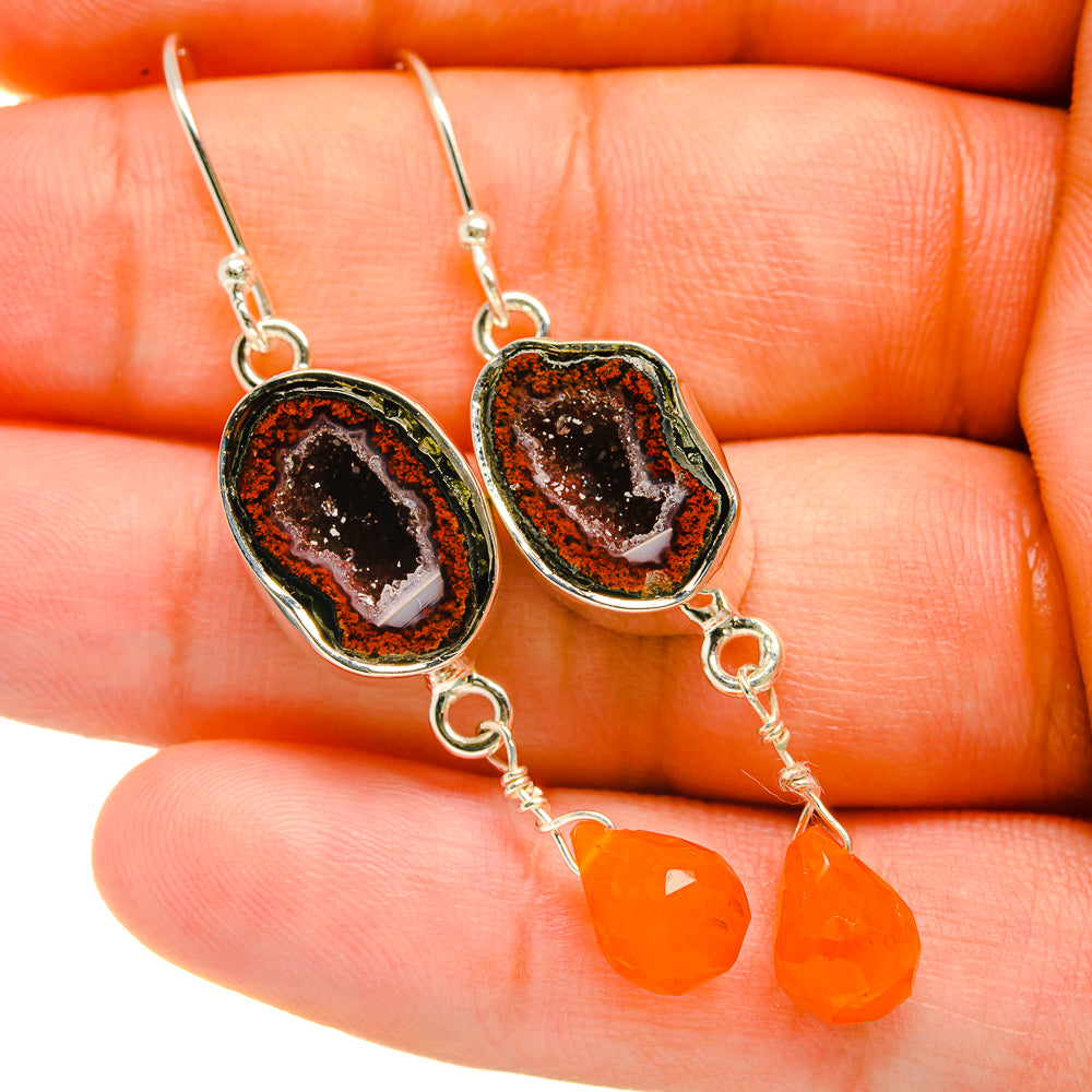 Sterling silver geode druzy earrings with orange carnelian drop dangles