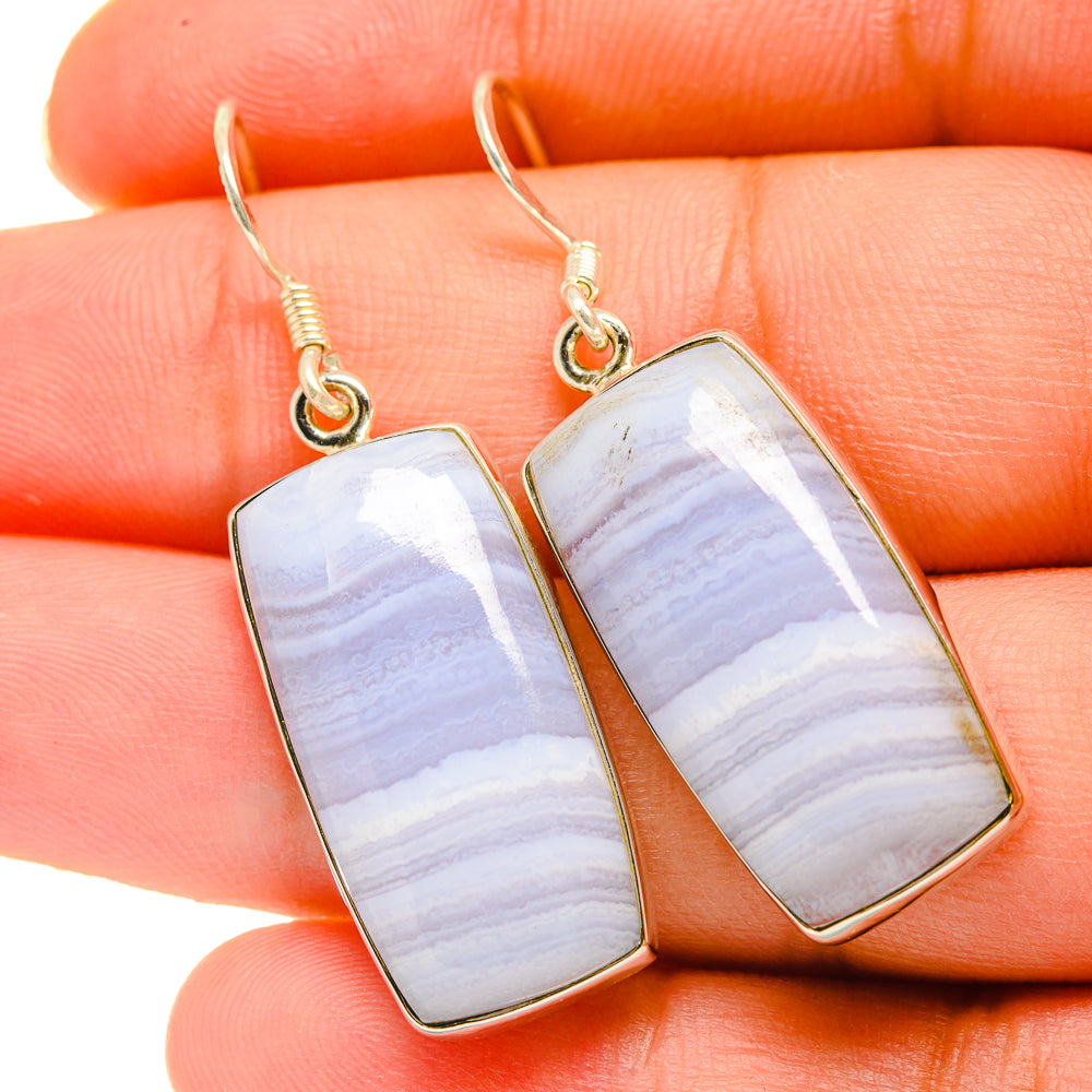 Rectangular blue lace agate drop earrings with sterling-silver hooks and clear banding