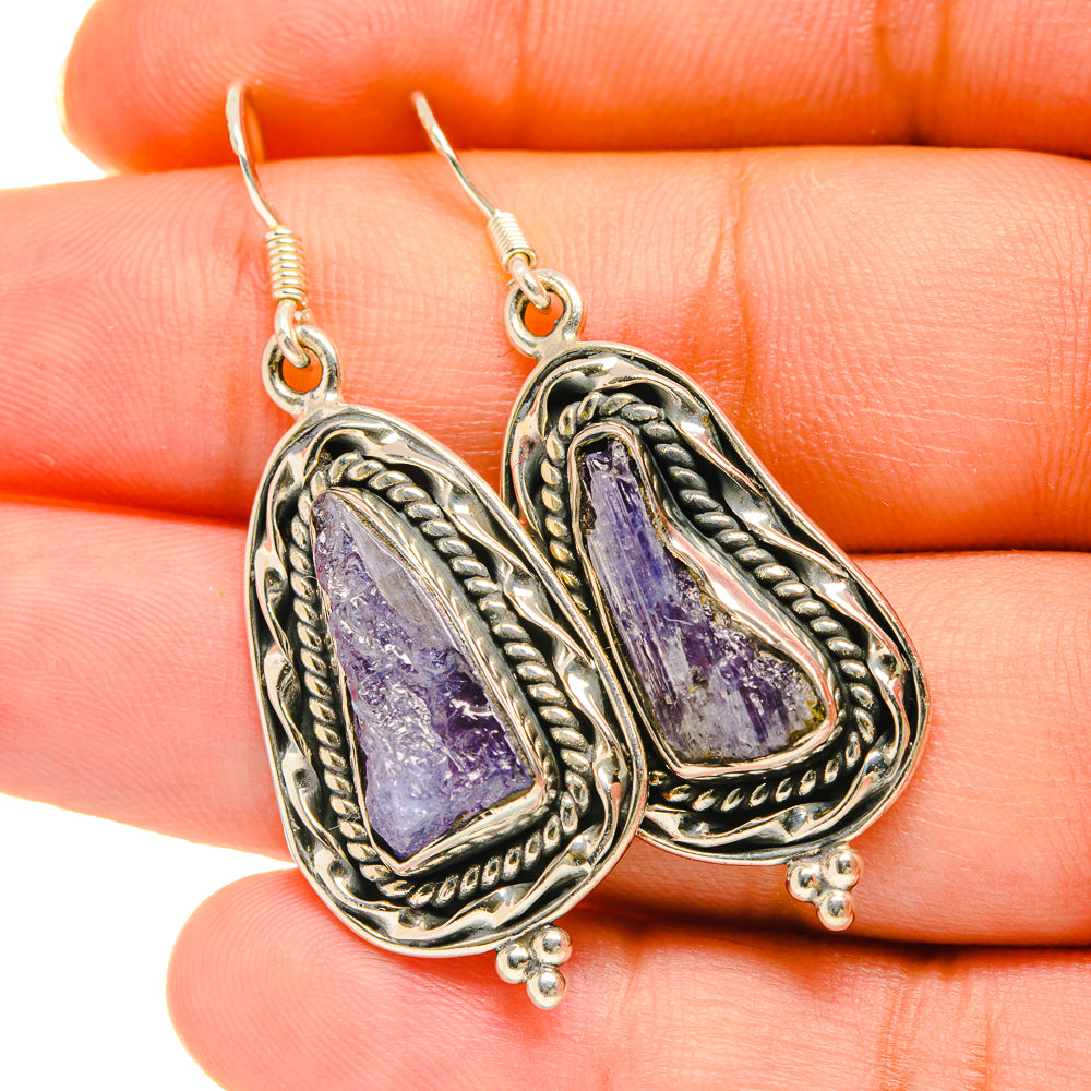 Rough tanzanite sterling silver drop earrings with purple teardrop stones and textured frames