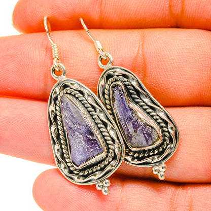 Rough tanzanite sterling silver drop earrings with purple teardrop stones and textured frames