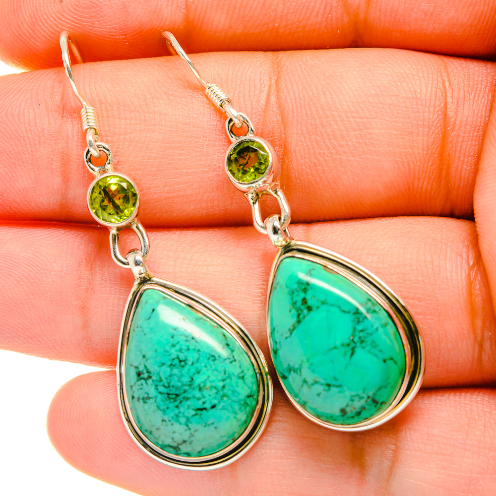 Chrysocolla teardrop and peridot green round drop earrings, sterling silver dangle