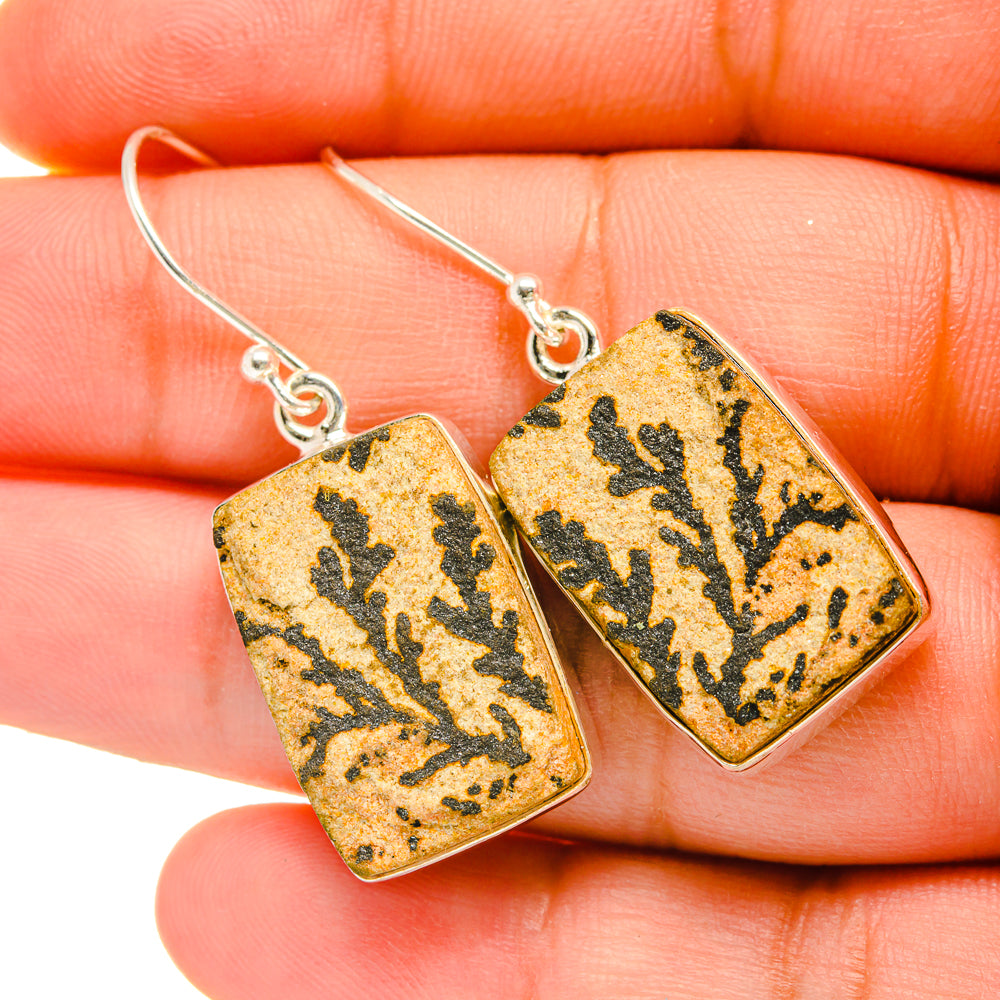 Yellow dendrite square drop earrings with black branches, silver hook backs