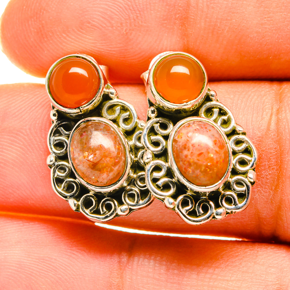 Carnelian and sterling silver filigree drop earrings with orange round stones