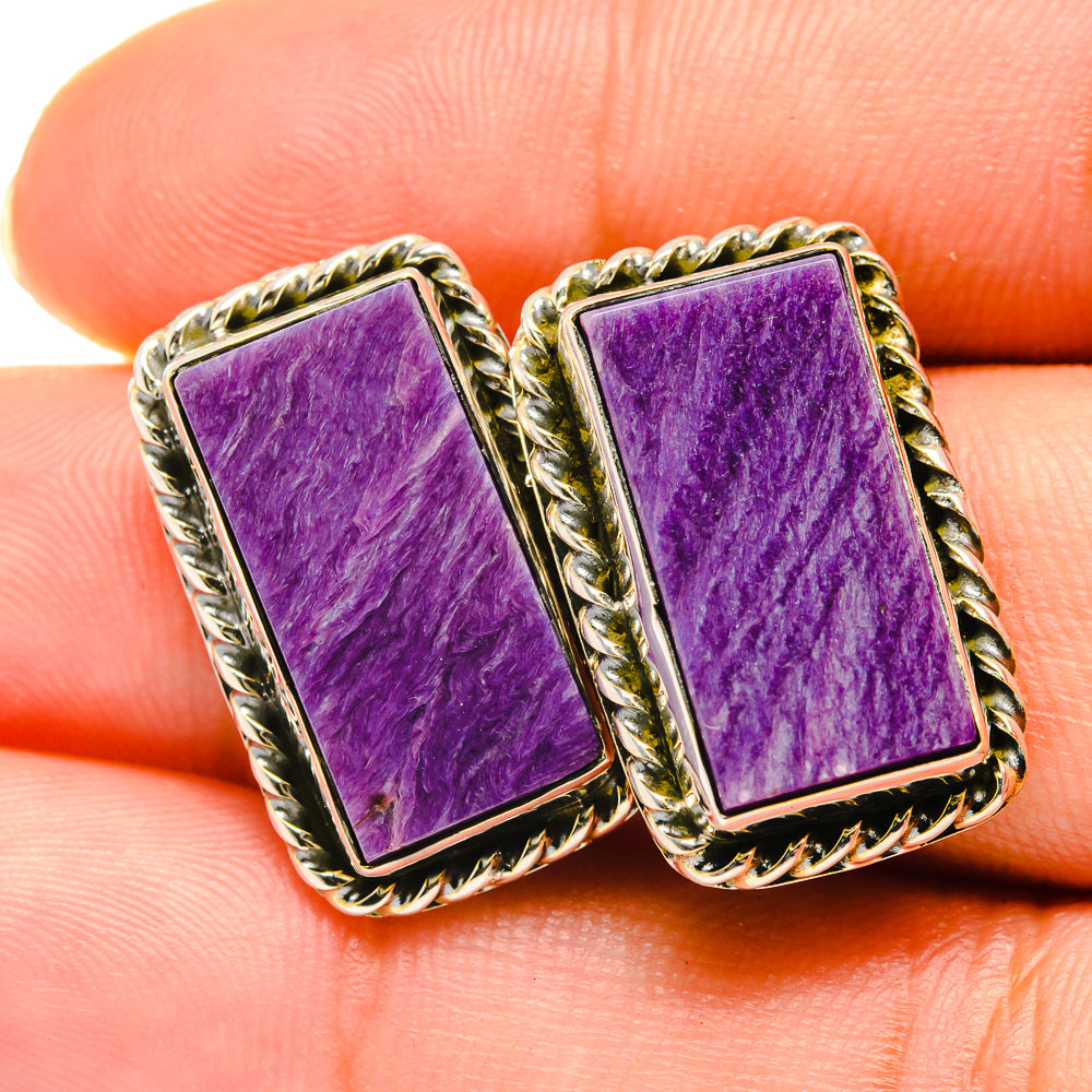 Charoite earrings, rectangular purple stone with silver twisted border