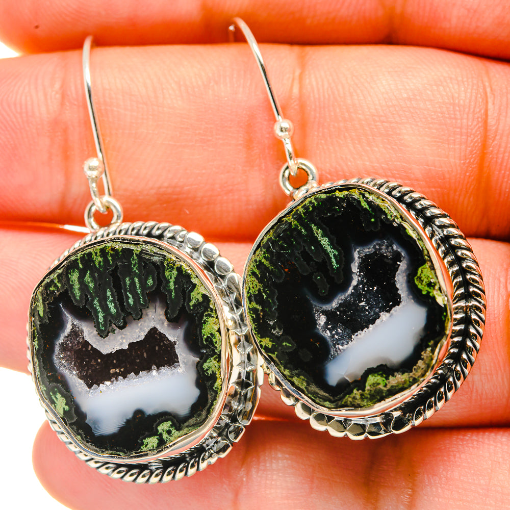 Dangle druzy geode earrings, green-black cabochons with white druzy and silver hooks