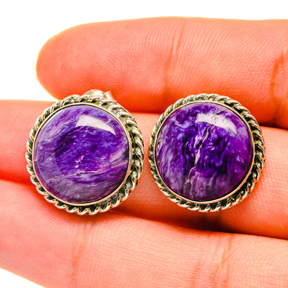 Purple charoite stud earrings, close-up round bezel in 925 sterling silver