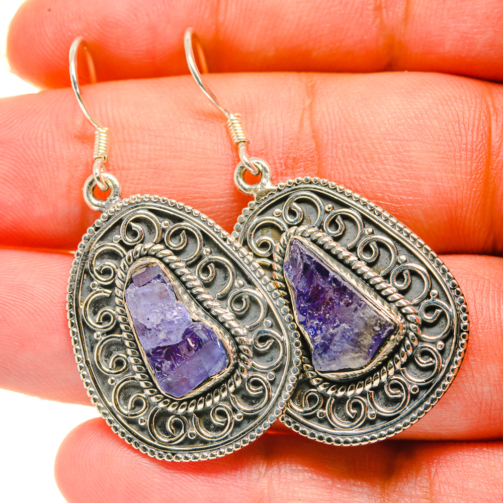 Rough tanzanite drop earrings in 925 sterling silver, oval filigree setting