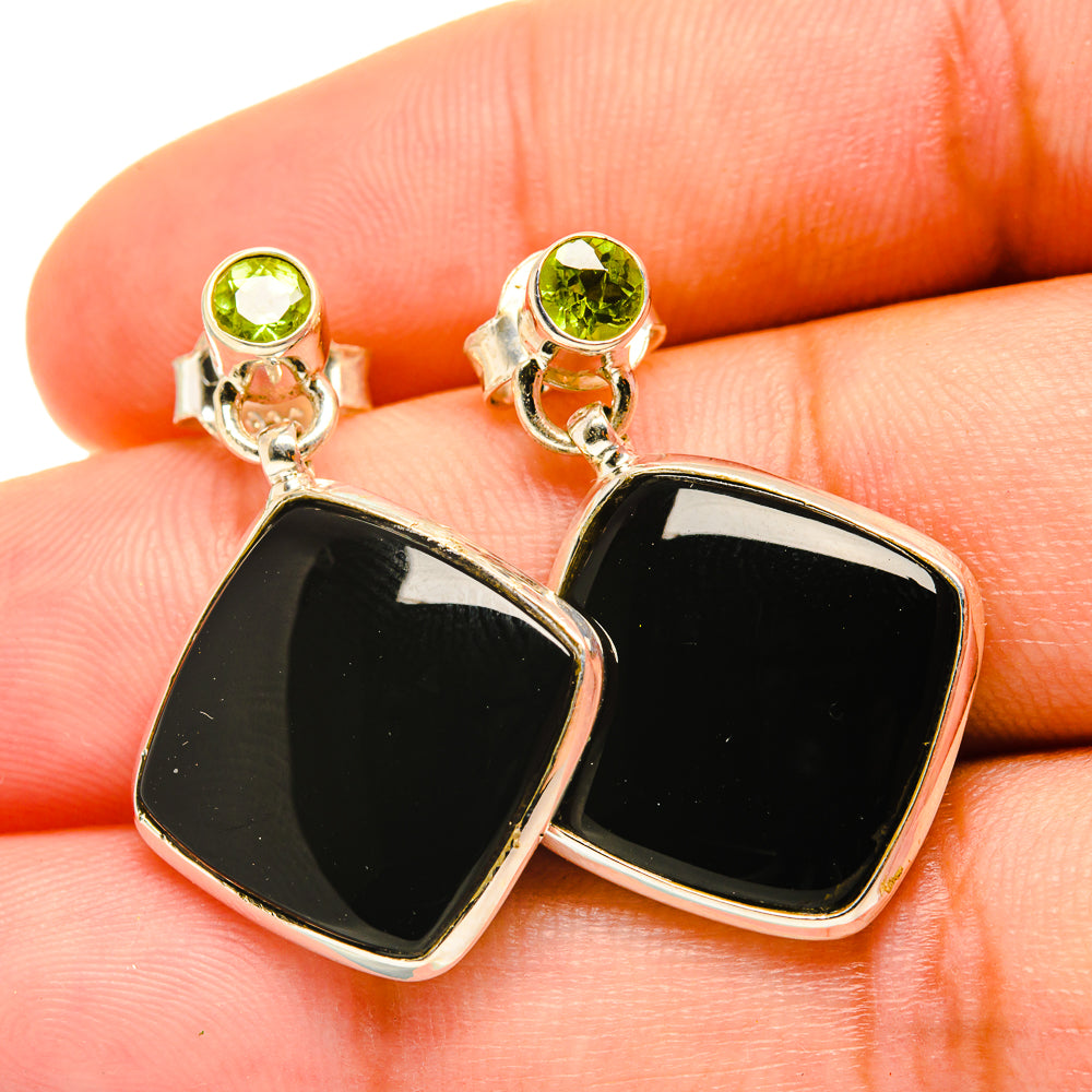 Sterling silver onyx and peridot drop earrings, black cushion stones with green round tops