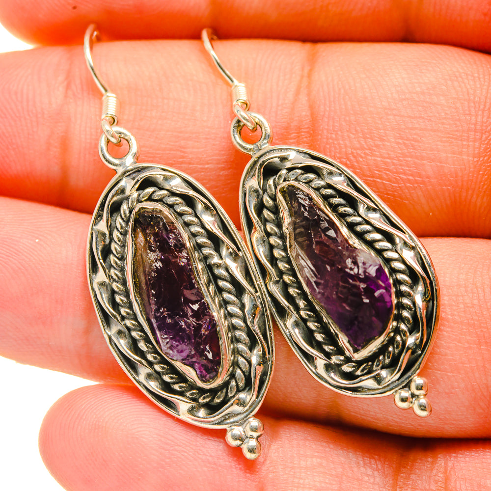 Sterling silver rough amethyst teardrop earrings, ornate oval setting, with dangle hooks