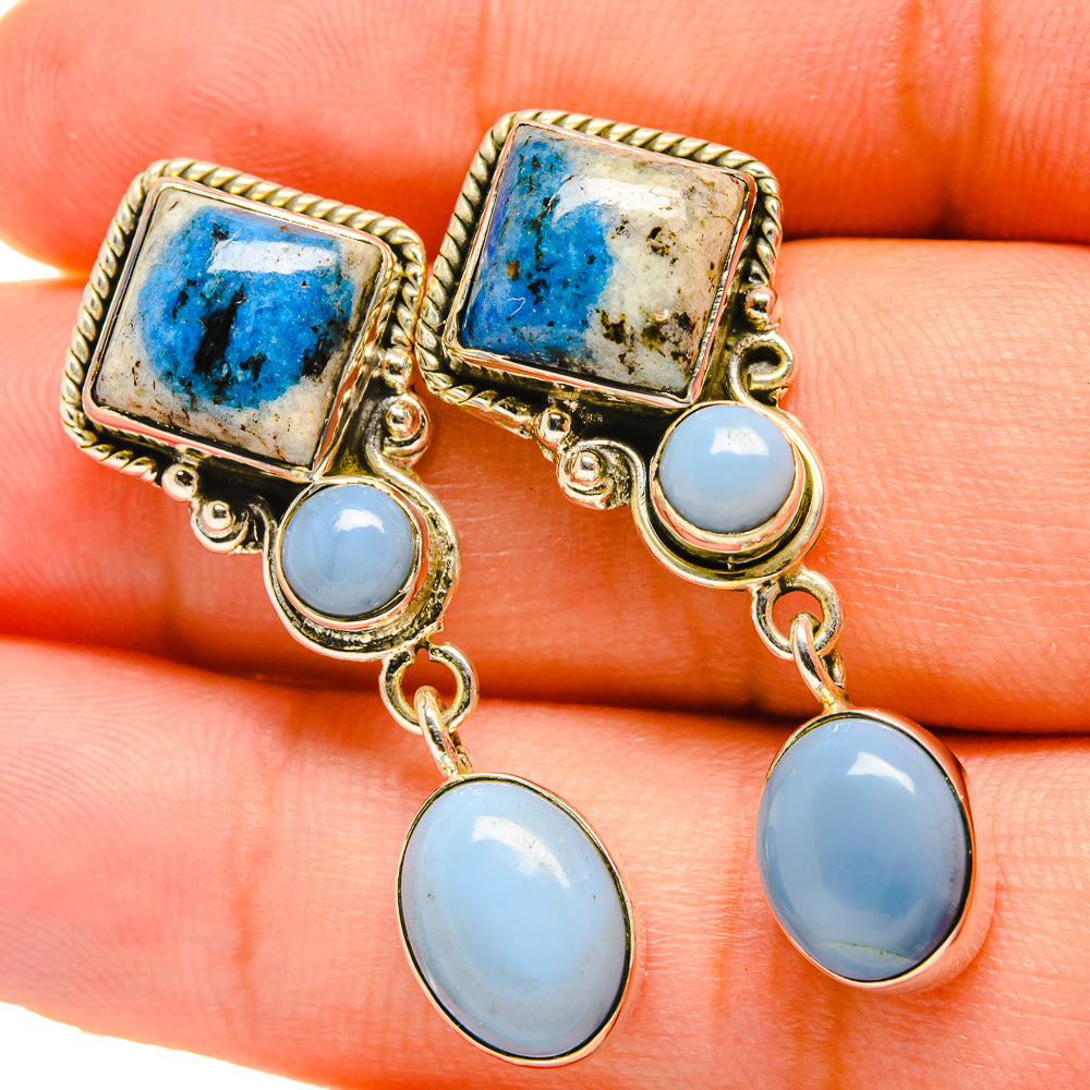 Blue stone drop earrings, gold-tone square cabochons and pale-blue oval dangles