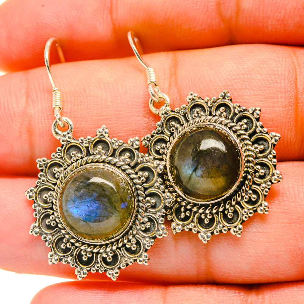 Labradorite drop earrings, ornate silver filigree with round green-gold gemstones