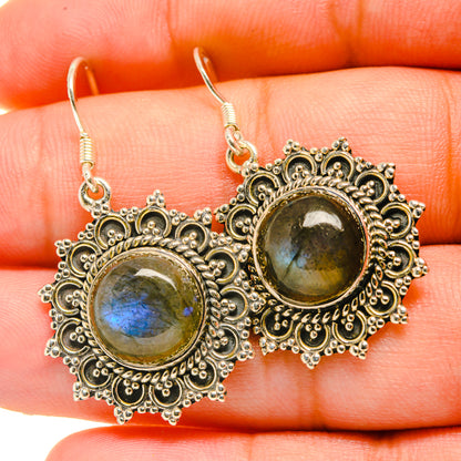 Labradorite drop earrings, ornate silver filigree with round green-gold gemstones