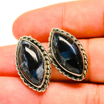 Oval pietersite cabochon stud earrings in 925 sterling silver, ornate rope bezel