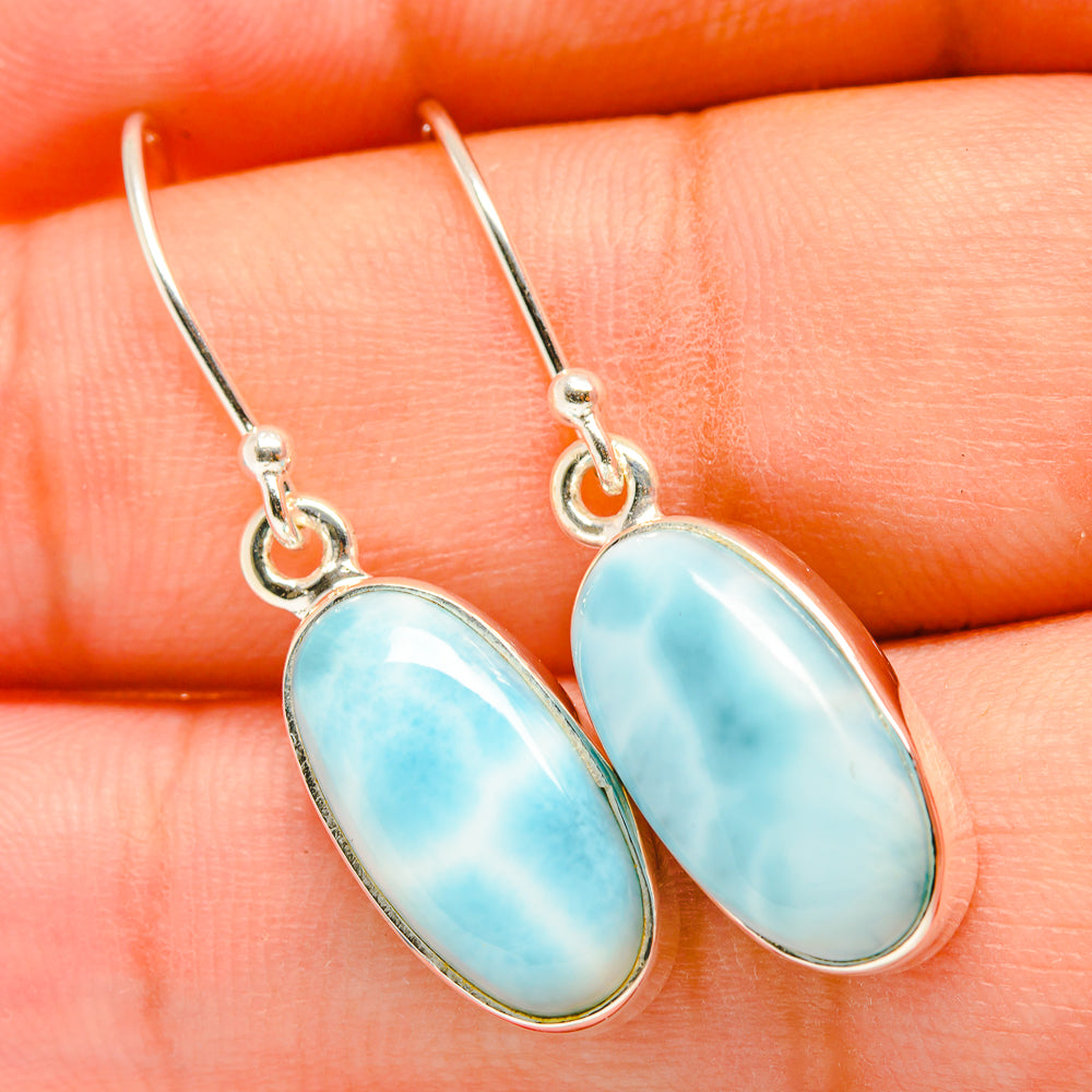 Oval larimar drop earrings in 925 sterling silver with fishhook and loop detail