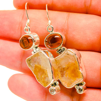 Rough citrine drop earrings in 925 sterling silver, round top and faceted rough stones