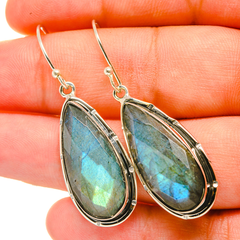 Labradorite teardrop earrings in sterling silver with blue flash labradorite