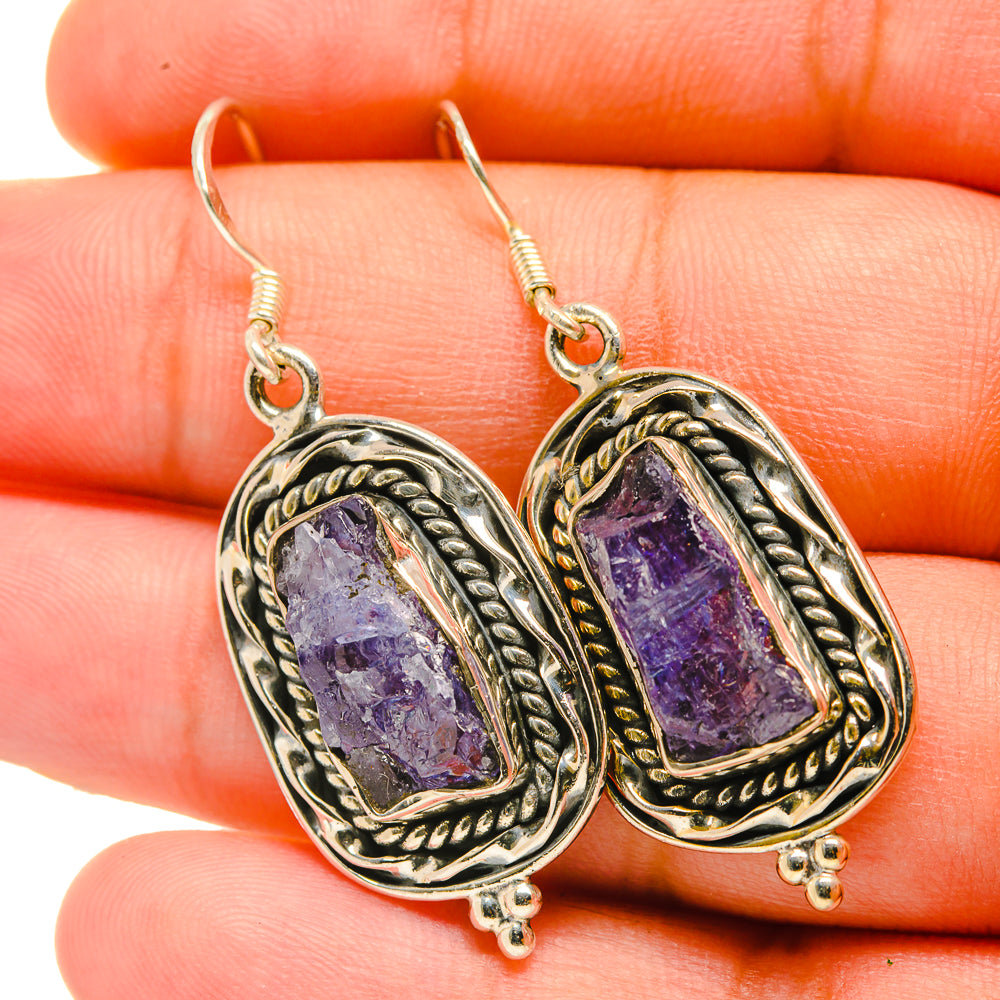 Rough tanzanite earrings in 925 sterling silver, oval bezel with purple gemstone and hook drops