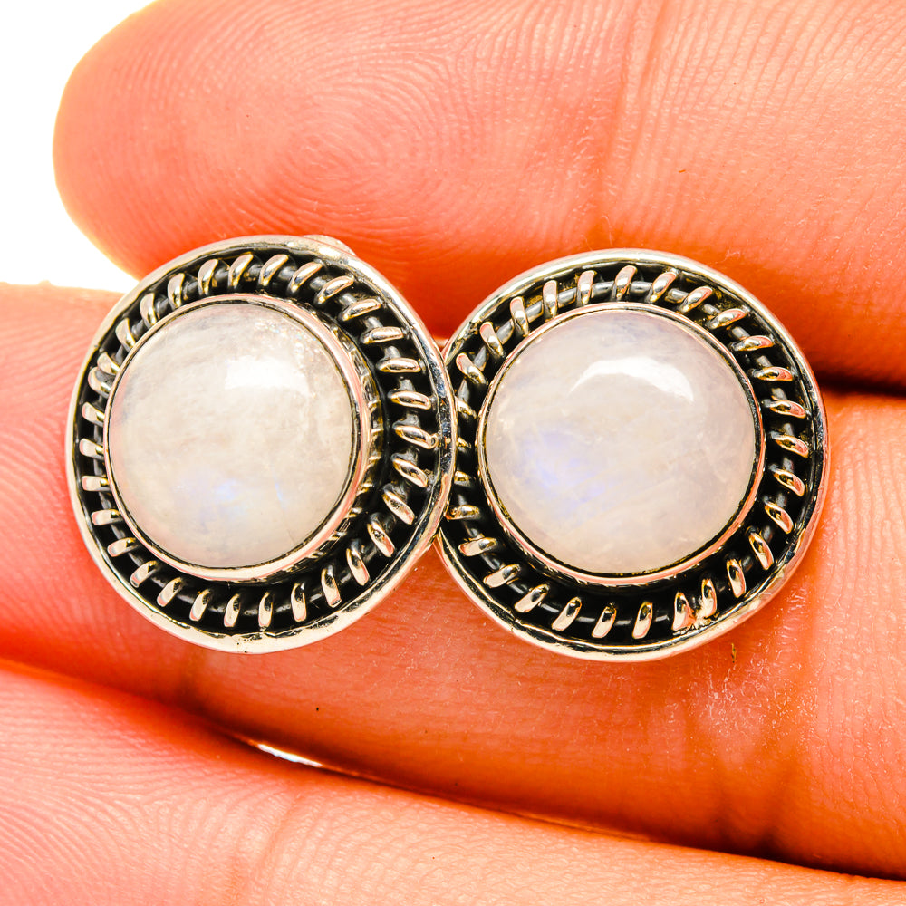 Moonstone stud earrings, round iridescent white stones in beaded 925 silver bezel