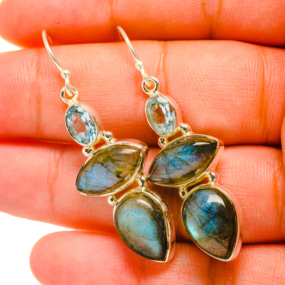 Silver-tone teardrop labradorite and blue topaz earrings, 4 stones, on lever hooks