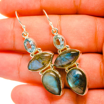 Silver-tone teardrop labradorite and blue topaz earrings, 4 stones, on lever hooks
