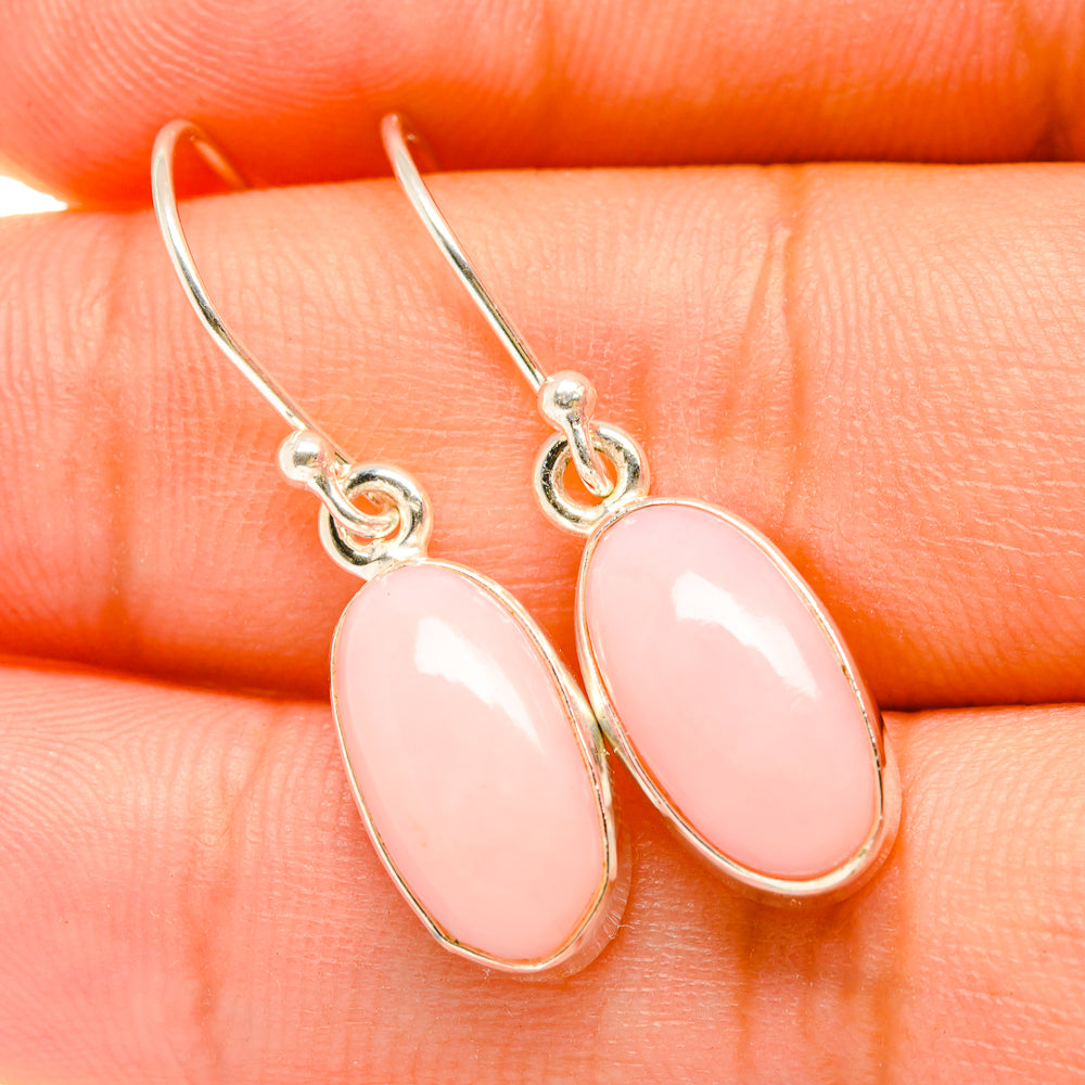 Pink opal drop earrings, silver-tone oval stones with hook backs