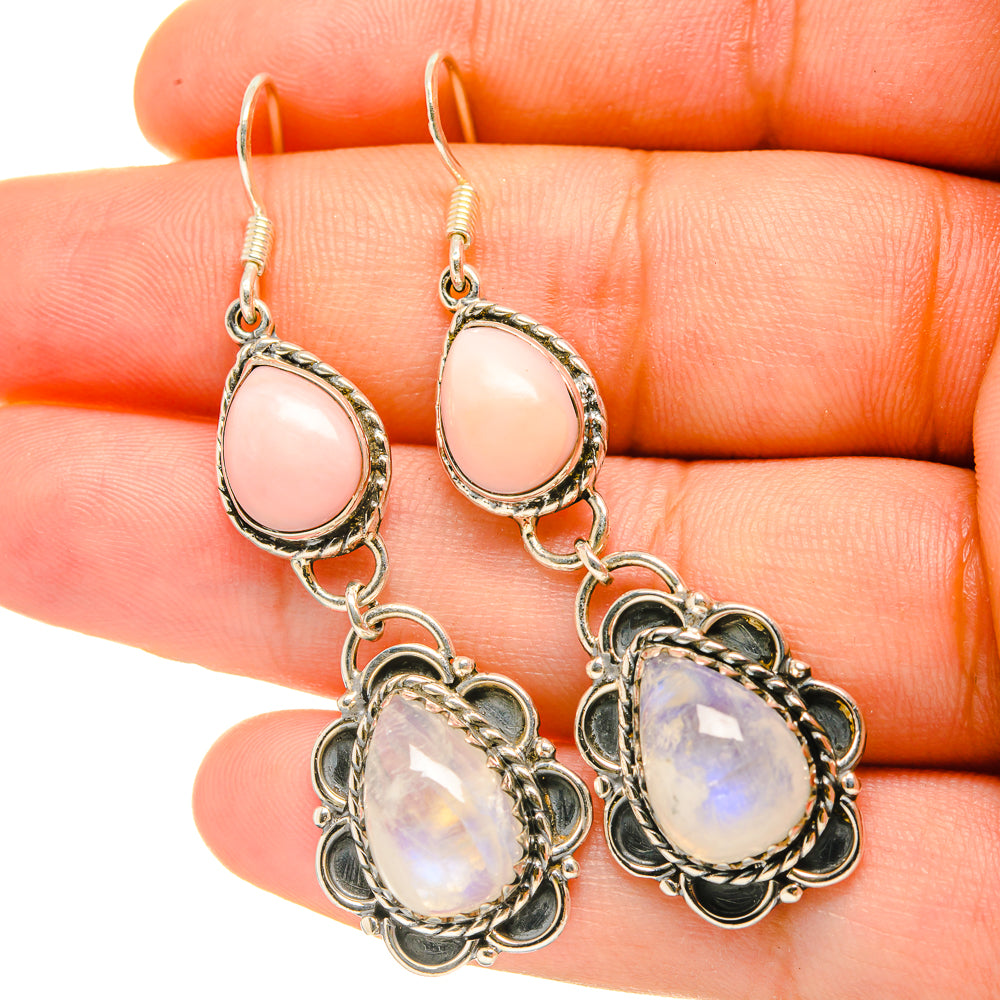 925 sterling silver drop earrings with pink opal and iridescent moonstone ovals