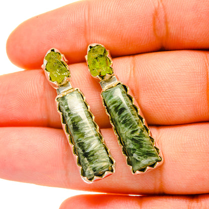 Sterling silver earrings with green seraphinite and peridot studs and long drops